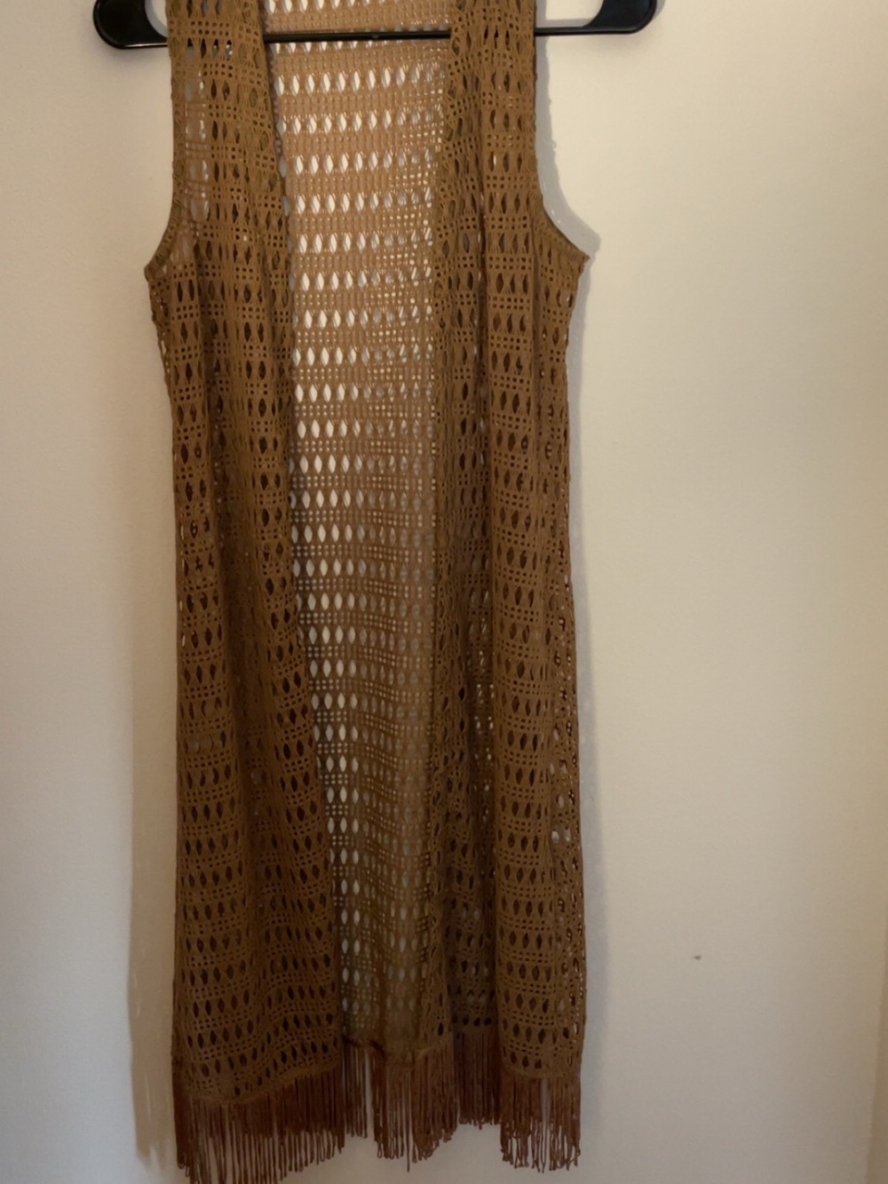 Women’s Open-Knit Fringe Vest Cardigan - Brown